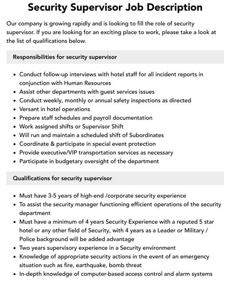 Security Supervisor Job Description, Key Duties, Tasks, and .